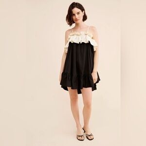 Anthropologie Cream and Black Ruffled A-line Mini Dress